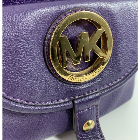 MICHAEL Michael Kors Fulton Large Purple Leather Shoulder Handbag Belted Sides - Picture 2 of 16